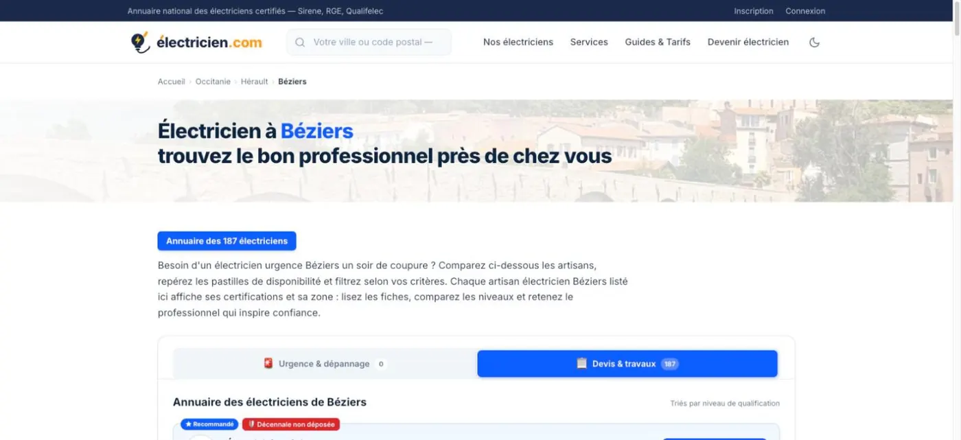 Page de la ville de Béziers sur électricien.com