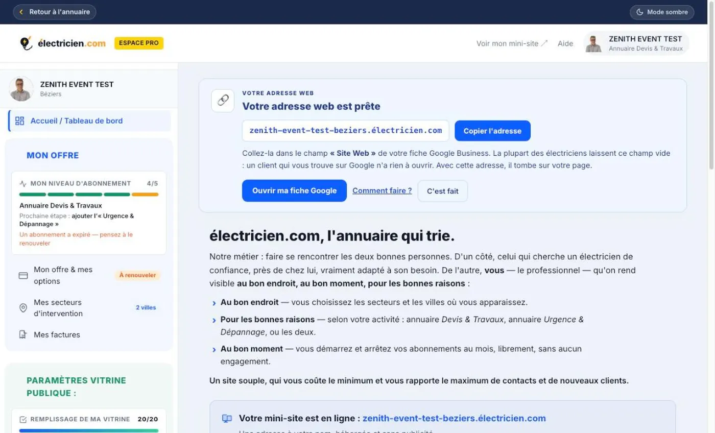 Premier bloc du tableau de bord : l'adresse web à copier