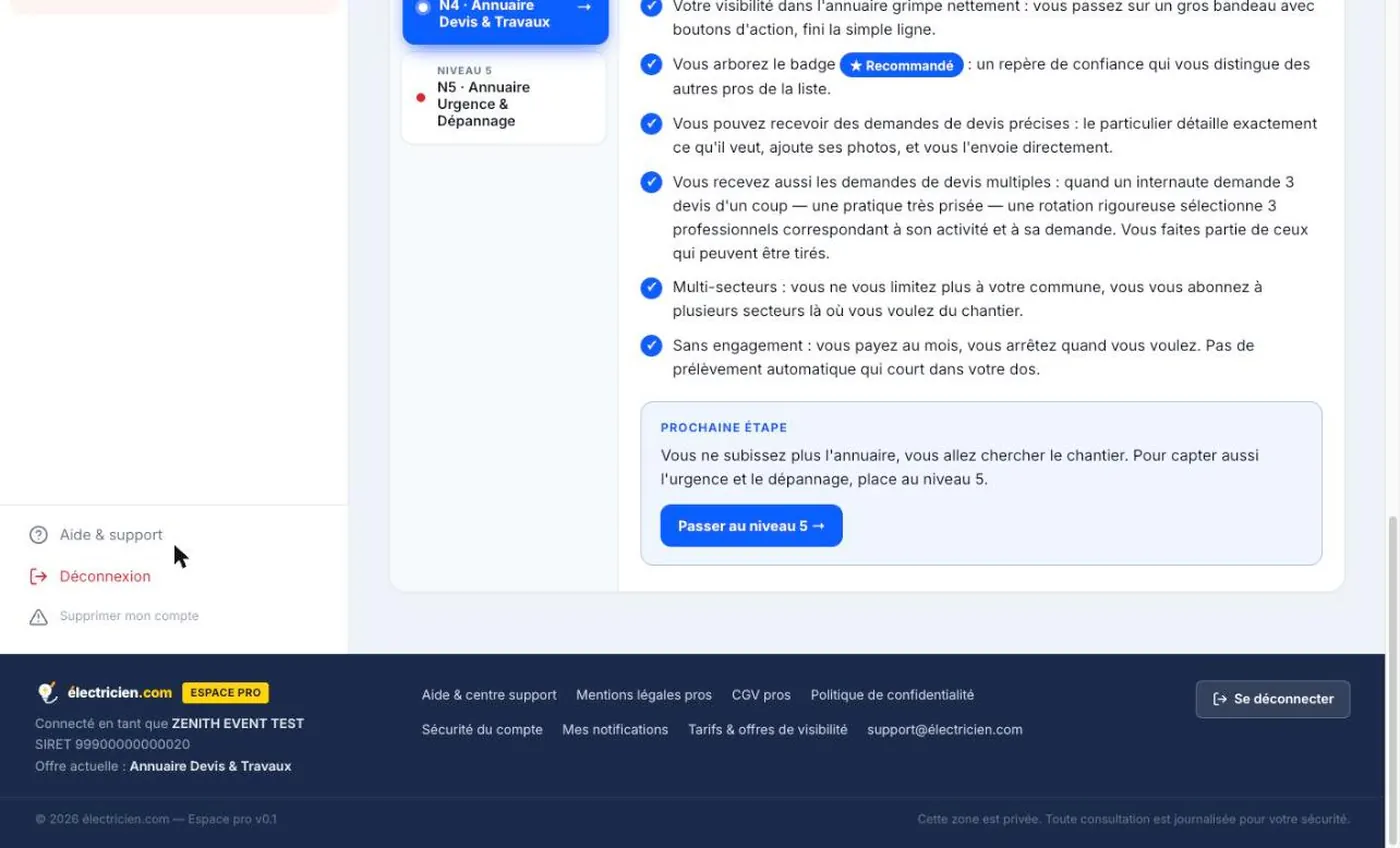 Argumentaire du niveau Annuaire Devis et Travaux dans l'espace professionnel