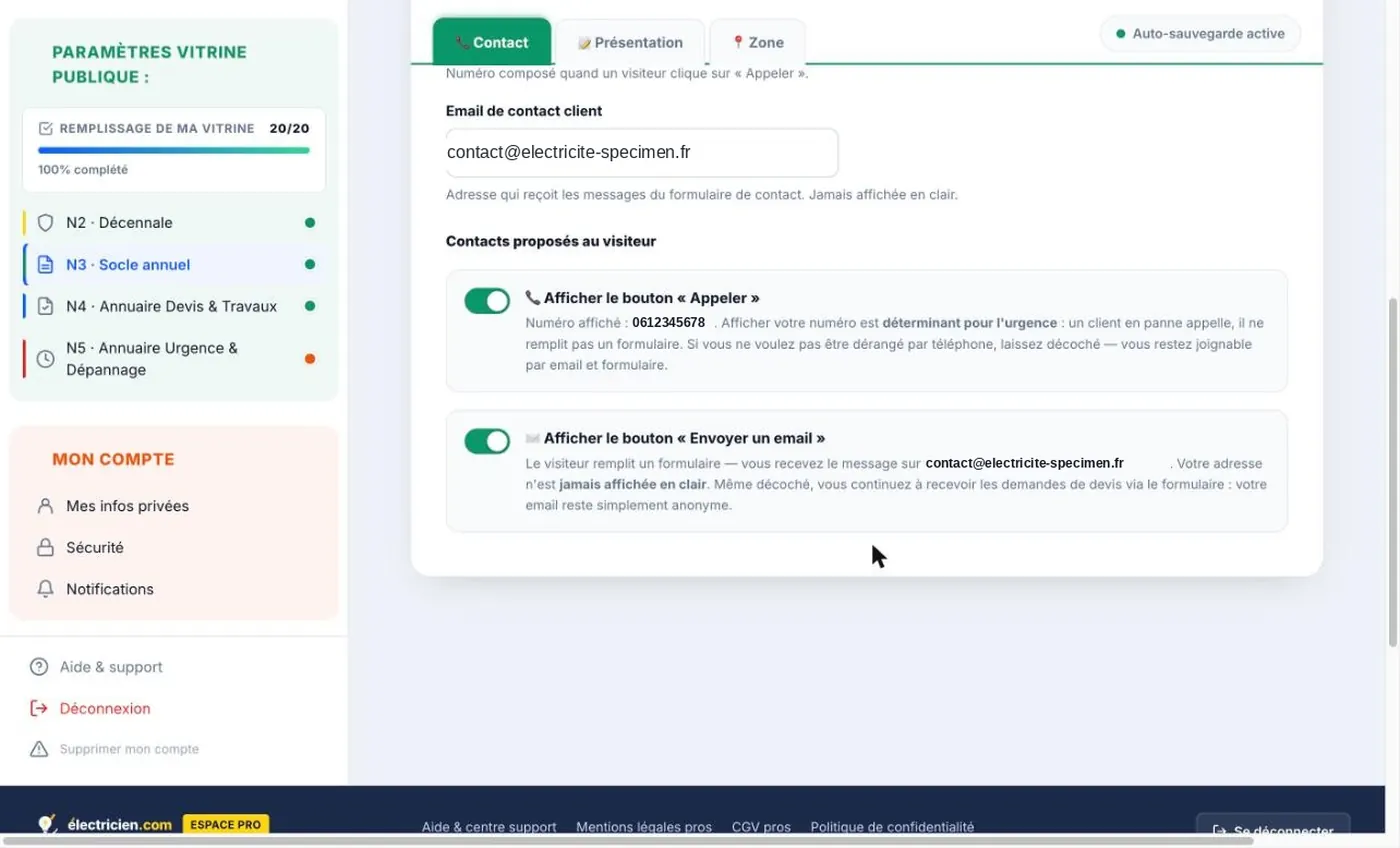 Interrupteurs d'affichage des moyens de contact