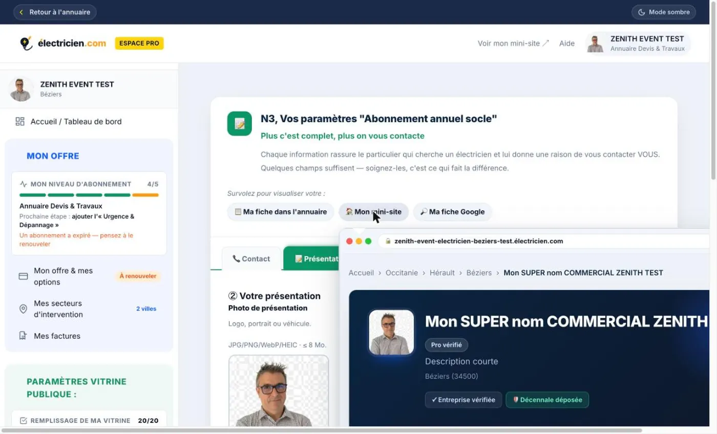Aperçu du mini-site au survol depuis l'espace professionnel